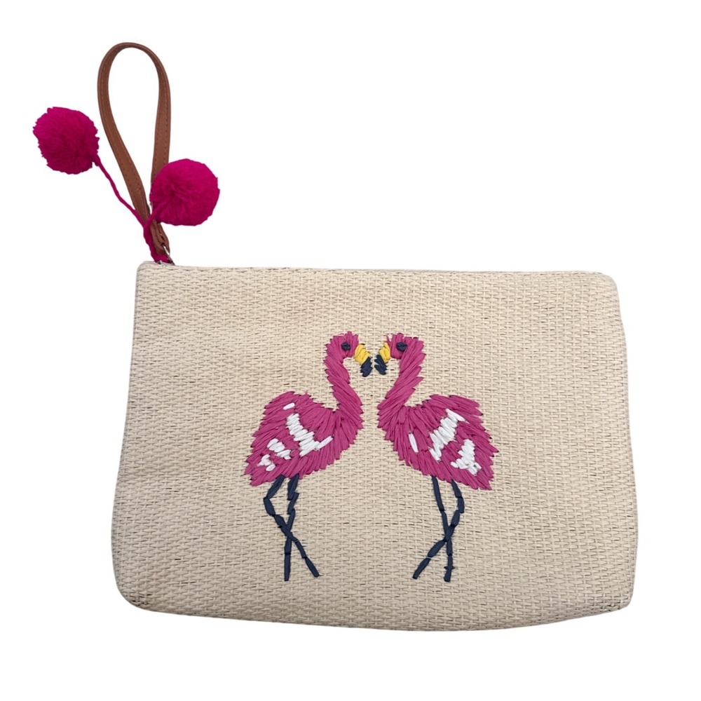 Flamingo Embroidered Woven Straw Wristlet Clutch Bag Beige Pink Pom Poms Summer